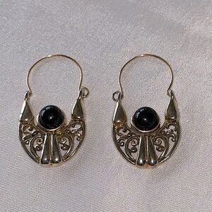 Vintage Elegant Gold & Black Cabochon Filigree Hoop Earrings